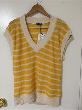 Zara Yellow and Cream Striped V-Neck Knit Tank